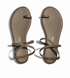 NWOB TKEES Taupe Leather Toe Loop Ankle-Wrap Flat Sandals, olive green Sz 9, $10